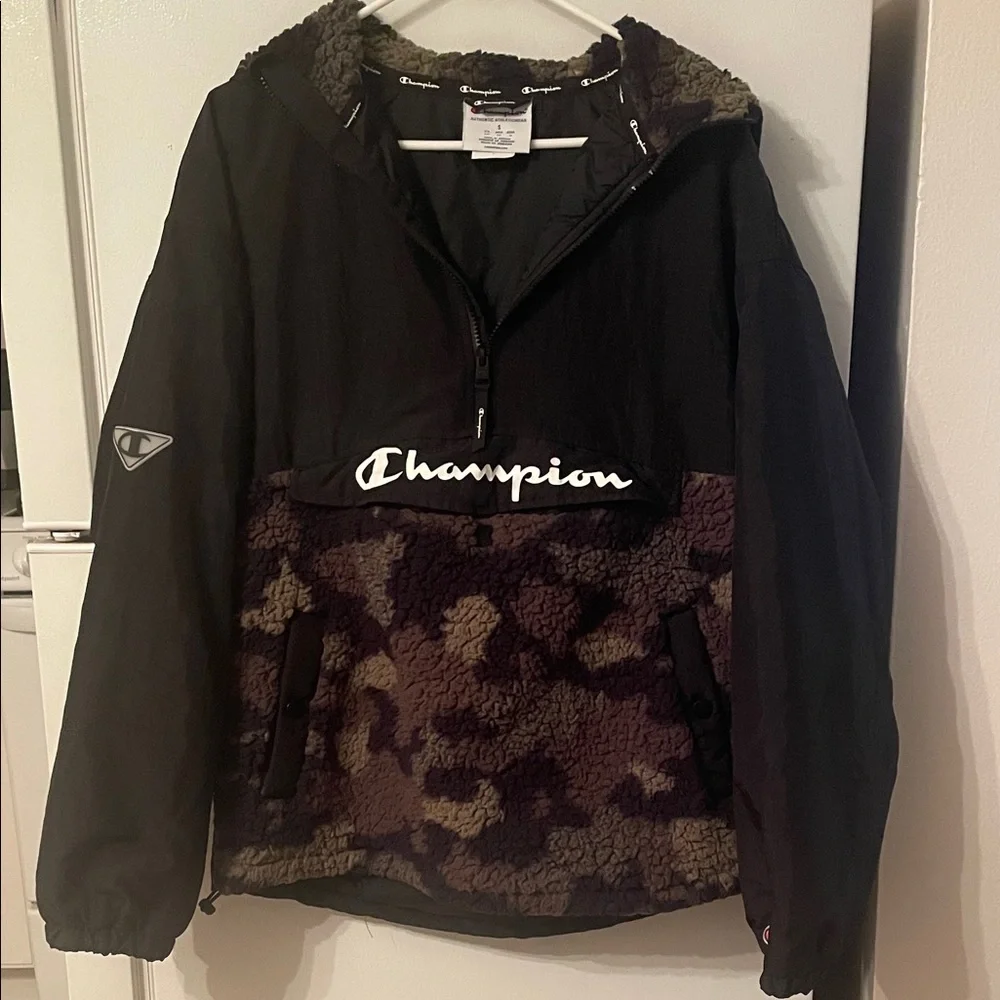 CHAMPION SMALL COZY‎ HIGH PILE FLEECE ANORAK JACKET BLACK/ MESH CAMO CARGO OLIVE